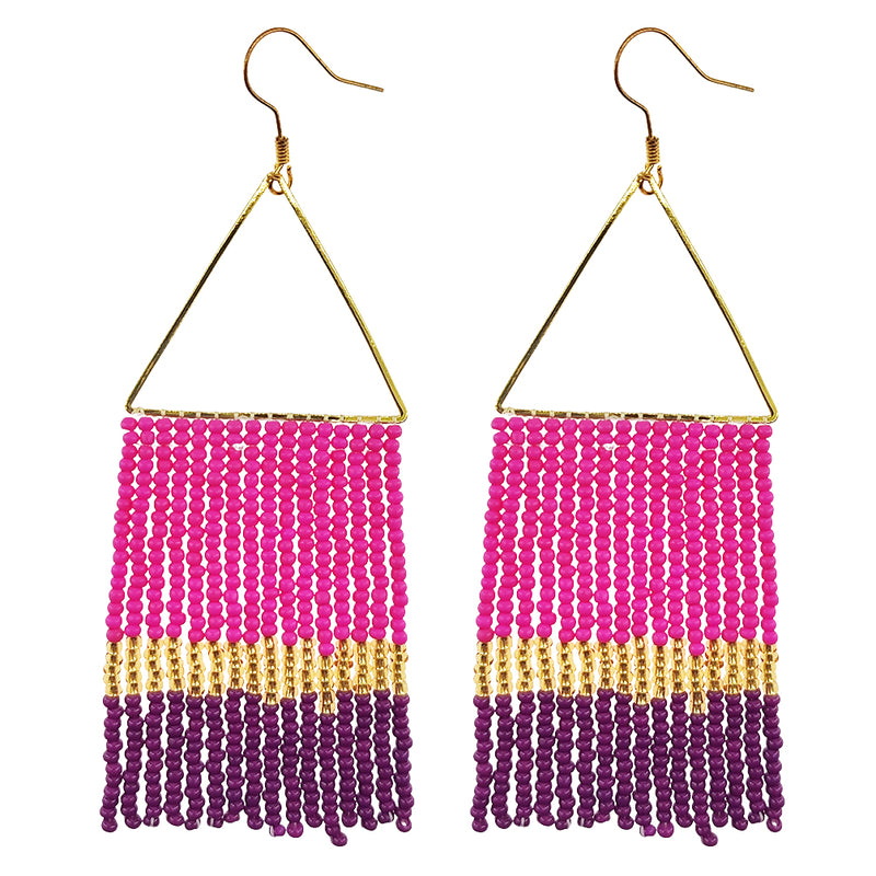 Kaseakia Geometric Beaded Dangle Earrings, Big Large Long Statement Seed Bead Beaded Tassel Earrings with Triangle Frame for Women