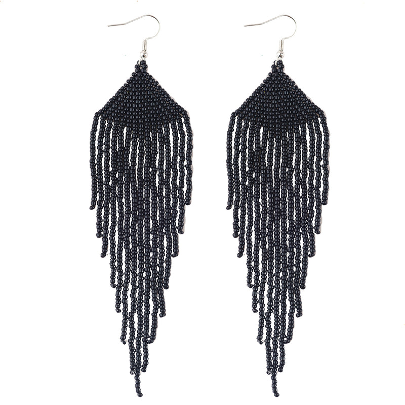 Long Beaded Tassel Earrings – Native Handmade Bohemian Beaded Large Statement Chandelier Drop Earrings, Mexican Boho Seed Bead Big Fringe Dangle Earrings for Women