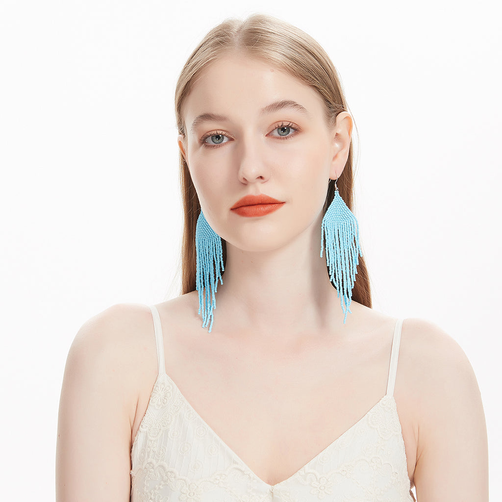 Long Beaded Tassel Earrings – Native Handmade Bohemian Beaded Large Statement Chandelier Drop Earrings, Mexican Boho Seed Bead Big Fringe Dangle Earrings for Women
