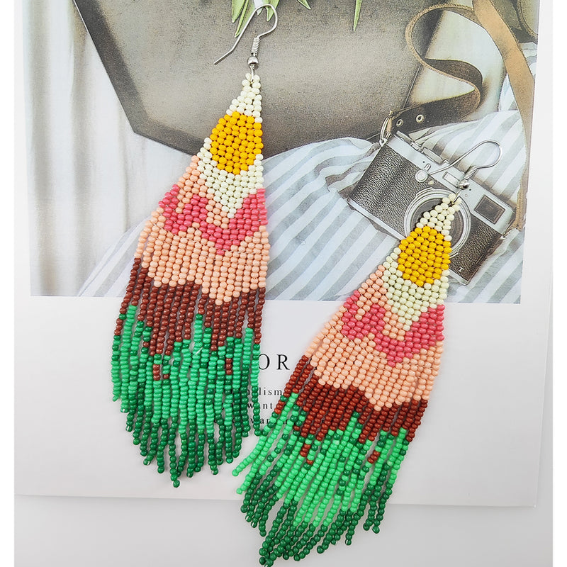 Long Bohemian Beaded Handmade Dangle Earrings for Women, Boho Seed Bead Earrings