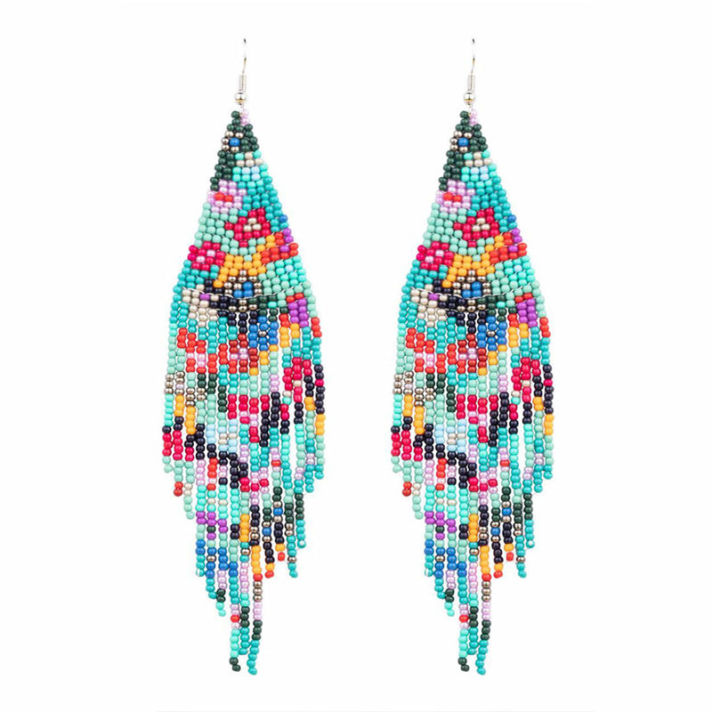 Native Long Beaded Earrings – Bohemian Large Handmade Beaded Tassel Statement Chandelier Dangle Earrings, Boho Big Mexican Tribal Seed Bead Fringe Drop Earrings for Women