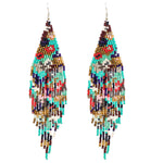 Native Long Beaded Earrings – Bohemian Large Handmade Beaded Tassel Statement Chandelier Dangle Earrings, Boho Big Mexican Tribal Seed Bead Fringe Drop Earrings for Women