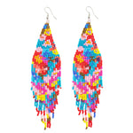 Native Long Beaded Earrings – Bohemian Large Handmade Beaded Tassel Statement Chandelier Dangle Earrings, Boho Big Mexican Tribal Seed Bead Fringe Drop Earrings for Women