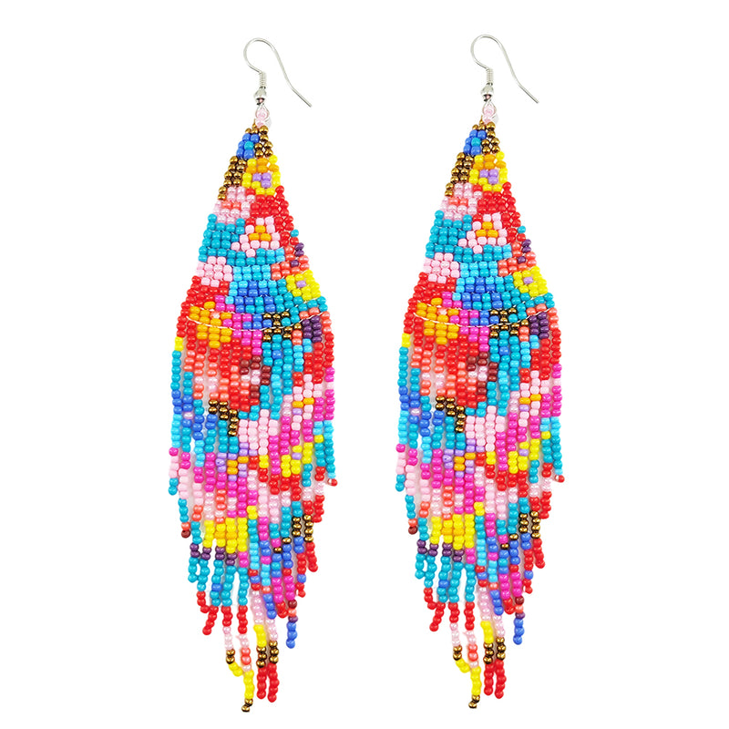 Native Long Beaded Earrings – Bohemian Large Handmade Beaded Tassel Statement Chandelier Dangle Earrings, Boho Big Mexican Tribal Seed Bead Fringe Drop Earrings for Women