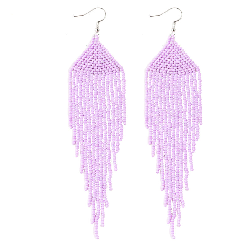 Long Beaded Tassel Earrings – Native Handmade Bohemian Beaded Large Statement Chandelier Drop Earrings, Mexican Boho Seed Bead Big Fringe Dangle Earrings for Women