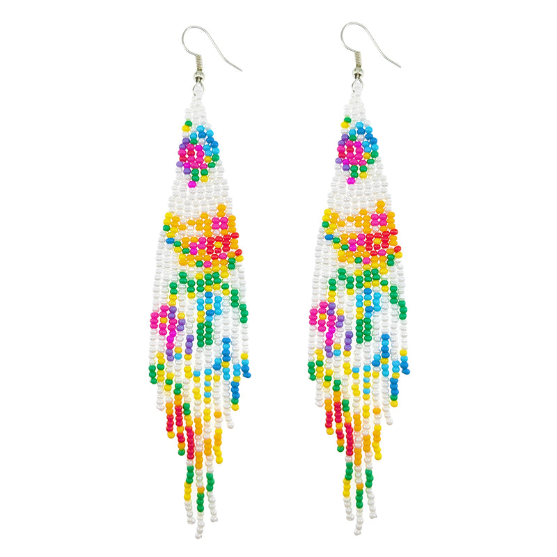 Native Long Beaded Earrings – Bohemian Large Handmade Beaded Tassel Statement Chandelier Dangle Earrings, Boho Big Mexican Tribal Seed Bead Fringe Drop Earrings for Women